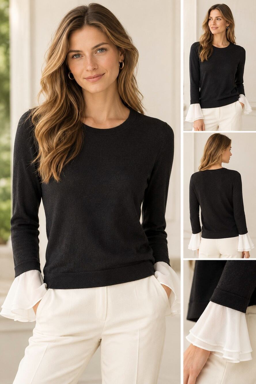 Lauren Ralph Lauren Layered Look Black Pullover Sweater White Ruffle Cuff Large